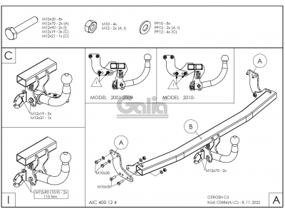 Фаркоп оцинкованный Galia шар A на хетчбек для Citroen C3 2002-2009